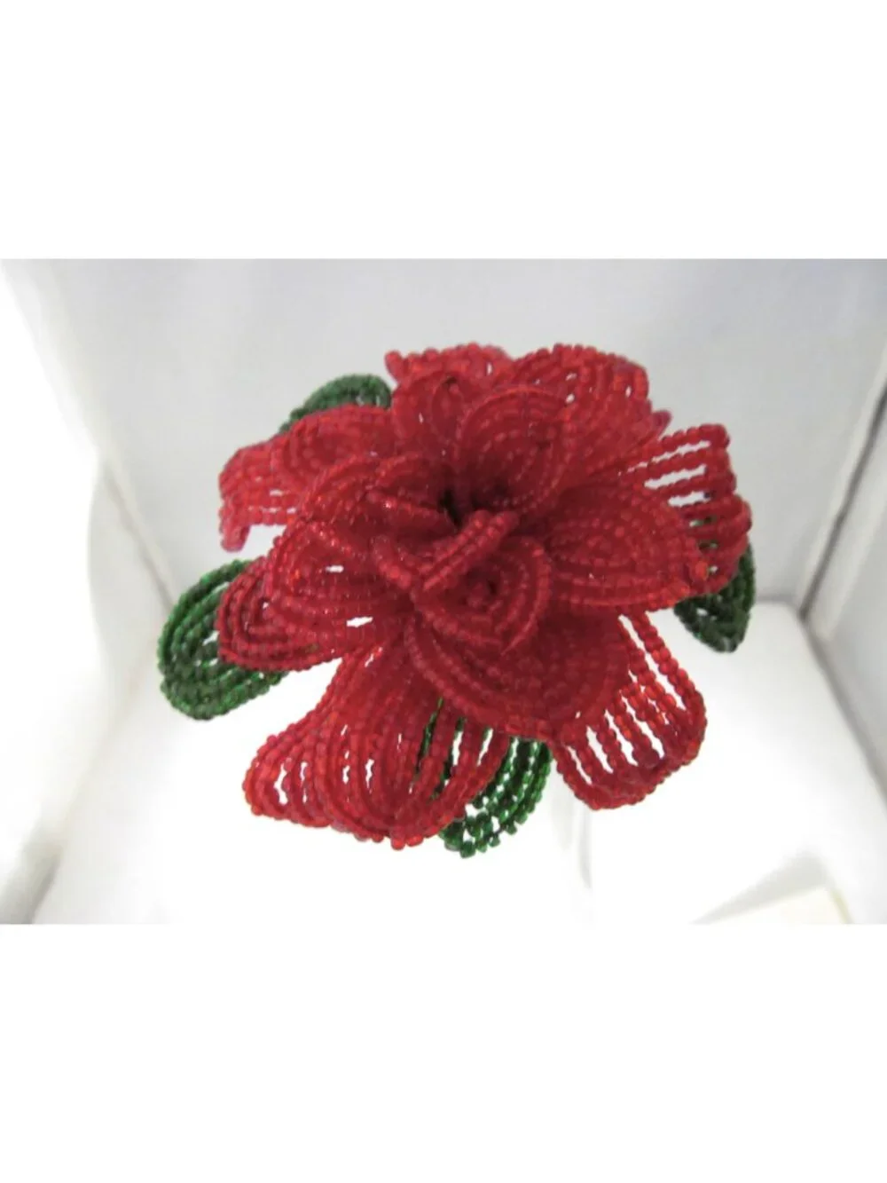 Handcrafted Red & Green French Beaded Flower with Stem Home Decor Gift 11 inch